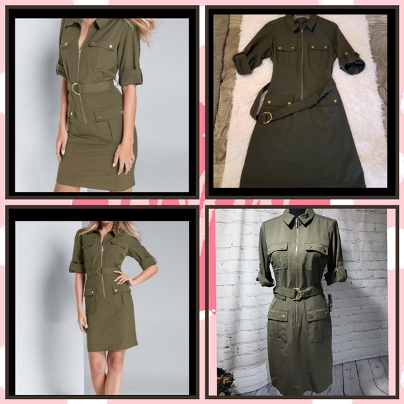 Short Sleeve Full Body Zipper Midi ShiftDress OliveDrab - Picture 5 of 16